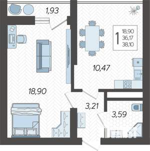 1-к квартира, вторичка, 39м2, 16/19 этаж