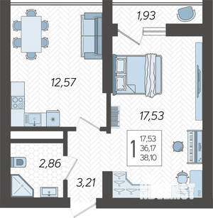 1-к квартира, строящийся дом, 39м2, 19/19 этаж