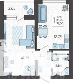 1-к квартира, строящийся дом, 39м2, 18/19 этаж