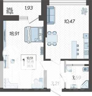 1-к квартира, строящийся дом, 38м2, 9/19 этаж