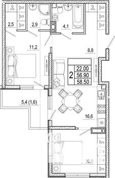 2-к квартира, вторичка, 59м2, 6/17 этаж