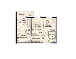 2-к квартира, вторичка, 59м2, 7/15 этаж