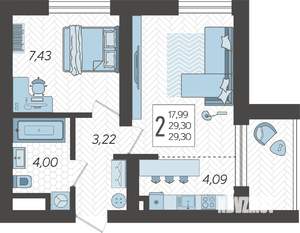 2-к квартира, строящийся дом, 29м2, 1/19 этаж
