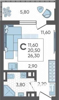 Студия квартира, строящийся дом, 26м2, 2/16 этаж