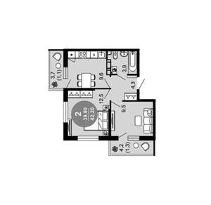2-к квартира, вторичка, 42м2, 5/12 этаж