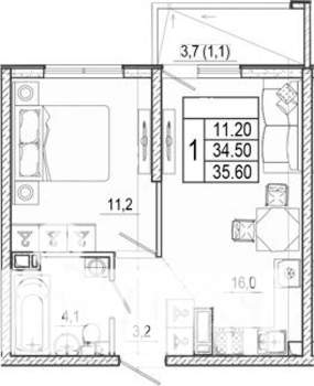 2-к квартира, вторичка, 36м2, 3/17 этаж
