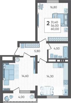 2-к квартира, вторичка, 60м2, 14/16 этаж