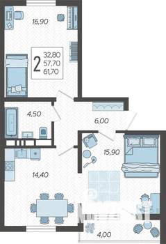2-к квартира, строящийся дом, 62м2, 10/10 этаж