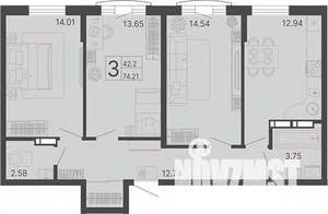 2-к квартира, вторичка, 74м2, 2/20 этаж