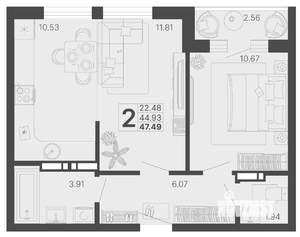 2-к квартира, строящийся дом, 46м2, 7/20 этаж