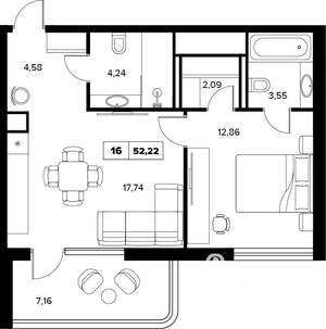 2-к квартира, вторичка, 52м2, 6/16 этаж