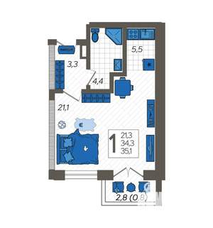 Студия квартира, вторичка, 38м2, 4/12 этаж