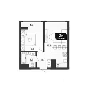 1-к квартира, вторичка, 38м2, 13/19 этаж