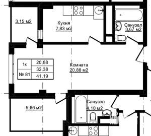 1-к квартира, вторичка, 41м2, 6/12 этаж