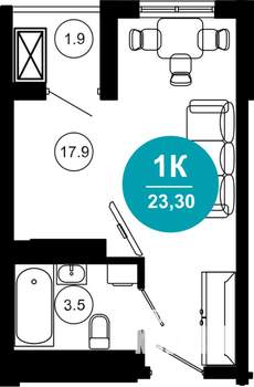 1-к квартира, строящийся дом, 23м2, 9/10 этаж