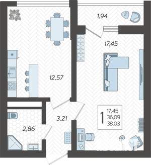 1-к квартира, строящийся дом, 39м2, 8/19 этаж