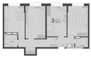 3-к квартира, строящийся дом, 74м2, 11/20 этаж