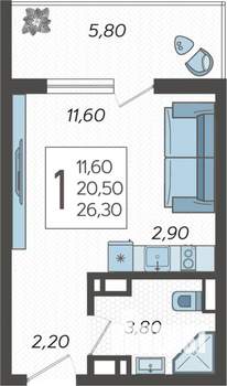 Студия квартира, строящийся дом, 26м2, 2/10 этаж