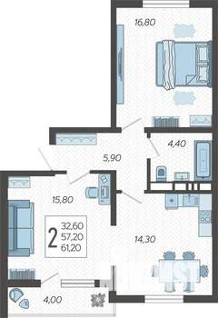 2-к квартира, строящийся дом, 61м2, 5/10 этаж