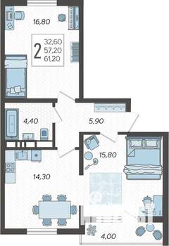 2-к квартира, строящийся дом, 61м2, 5/10 этаж
