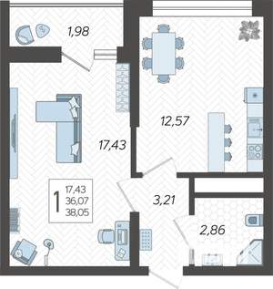 1-к квартира, вторичка, 38м2, 13/19 этаж