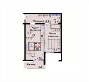 2-к квартира, вторичка, 48м2, 13/15 этаж