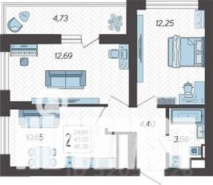 2-к квартира, строящийся дом, 50м2, 11/19 этаж