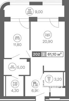 2-к квартира, вторичка, 61м2, 2/8 этаж