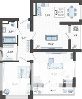 3-к квартира, строящийся дом, 66м2, 10/19 этаж
