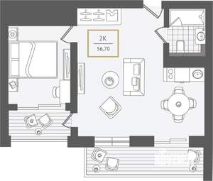 2-к квартира, строящийся дом, 57м2, 8/10 этаж