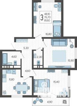 3-к квартира, строящийся дом, 82м2, 3/10 этаж