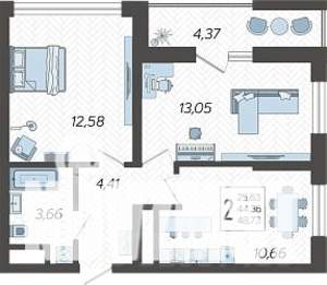 2-к квартира, строящийся дом, 49м2, 3/19 этаж