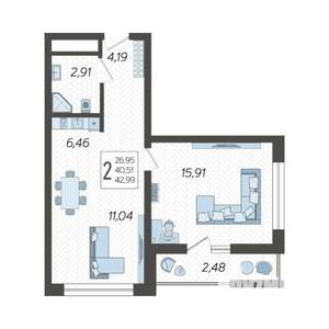2-к квартира, вторичка, 43м2, 5/19 этаж
