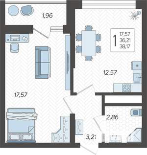 1-к квартира, вторичка, 39м2, 4/19 этаж