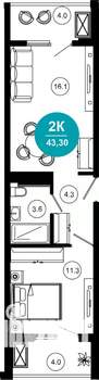 2-к квартира, вторичка, 43м2, 5/10 этаж