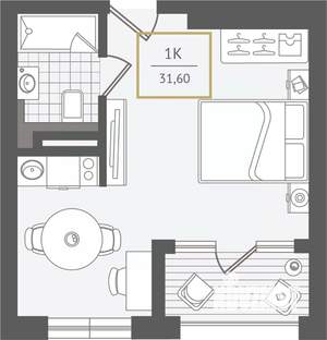 1-к квартира, строящийся дом, 32м2, 4/10 этаж