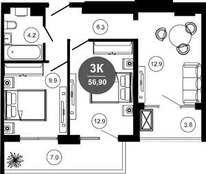 2-к квартира, вторичка, 57м2, 9/10 этаж