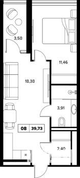 2-к квартира, строящийся дом, 40м2, 6/16 этаж