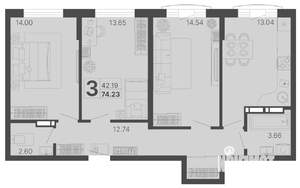3-к квартира, строящийся дом, 74м2, 3/20 этаж