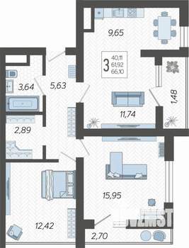 3-к квартира, вторичка, 65м2, 4/19 этаж