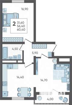 2-к квартира, строящийся дом, 60м2, 14/16 этаж