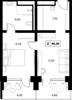 2-к квартира, вторичка, 46м2, 8/16 этаж