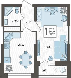 1-к квартира, вторичка, 39м2, 13/19 этаж