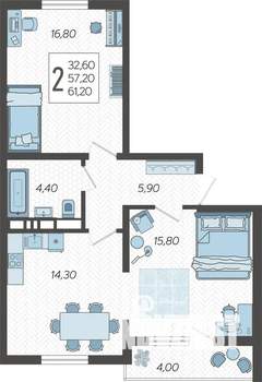 2-к квартира, вторичка, 61м2, 5/10 этаж