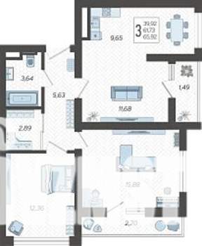 3-к квартира, строящийся дом, 66м2, 4/19 этаж