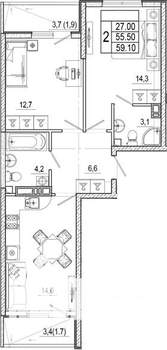 2-к квартира, вторичка, 59м2, 3/17 этаж