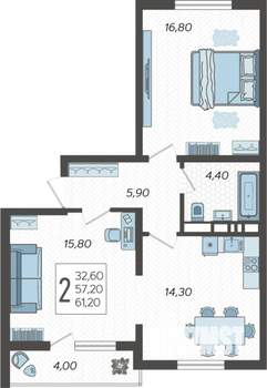 2-к квартира, строящийся дом, 61м2, 2/10 этаж