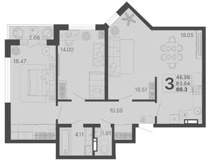 3-к квартира, строящийся дом, 84м2, 15/20 этаж