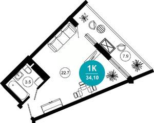 1-к квартира, вторичка, 34м2, 10/10 этаж