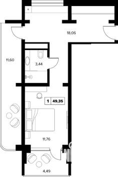 1-к квартира, вторичка, 49м2, 14/16 этаж